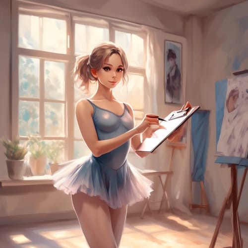 Ballet teacher with a leotard and a clipboard.