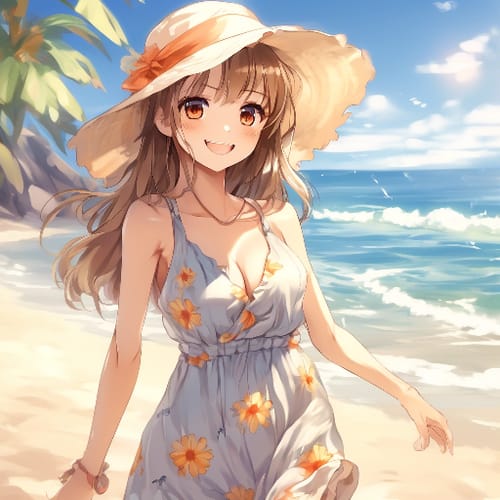 Beach babe in sundress, sun hat, smiling.