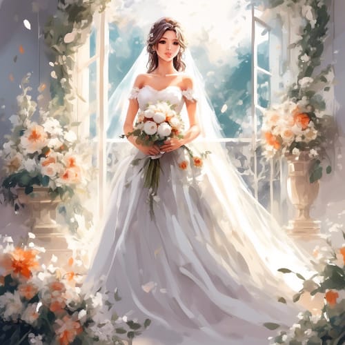 Bridal beauty in a white wedding gown, bouquet in hand.
