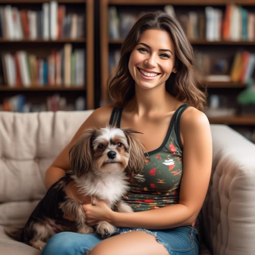 create a close up image of a beautiful busty brunette wearing a festive tank top while holding a small dog in her lap with full body hair that's messy while looking over her left shoulder to smile. Background is a living room with a bookshelf, chair, and art framed on the wall