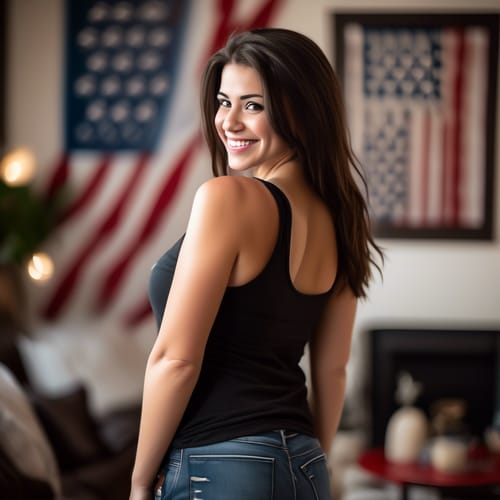 create a close up image of a beautiful busty brunette where you can't see her face wearing a black tank top with full body hair standing sideways while looking over her left shoulder to smile. The focus is on her face with a out-of-focus background of a cozy living room with a picture of an American flag hanging on the wall