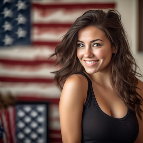 create a close up image of a beautiful busty brunette wearing a black tank top with full body hair standing sideways while looking over her left shoulder to smile. The focus is on her face with a out-of-focus background of a cozy living room with a picture of an American flag hanging on the wall