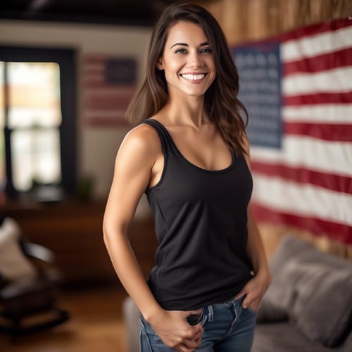create a close up image of a beautiful busty brunette with her head turned away wearing a black tank top with full body hair standing sideways while looking over her left shoulder to smile. The focus is on her face with a out-of-focus background of a cozy living room with a picture of an American flag hanging on the wall