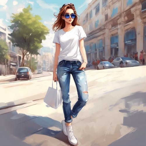 Casual chic in jeans, white tee, and sunglasses.