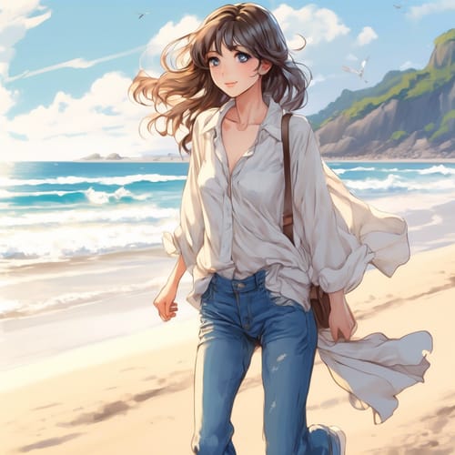 Casual jeans and a breezy blouse, walking beachside.