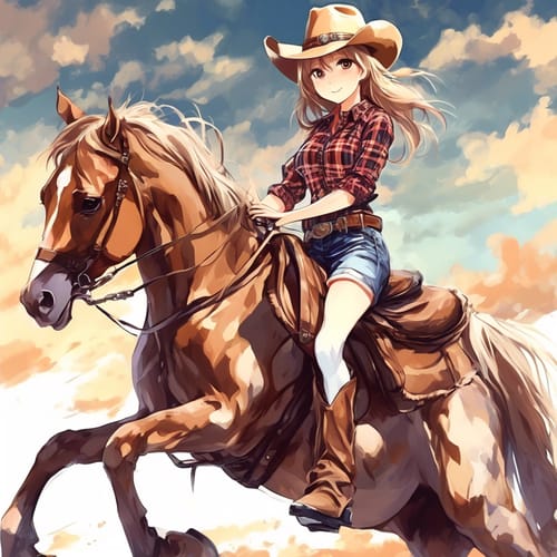 Cowboy hat, boots, and a plaid shirt, horse riding.