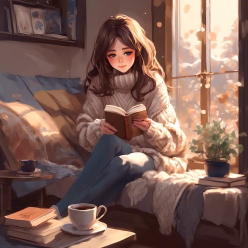 Cozy sweater, reading a book with a cup of coffee.