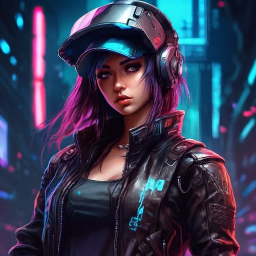 Cyberpunk warrior in a leather jacket, futuristic visor.