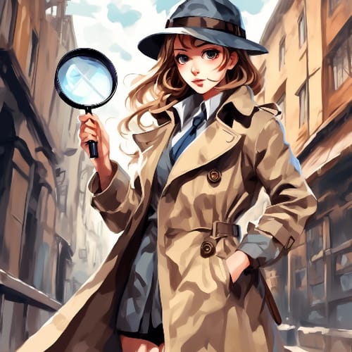 Detective in a trench coat, holding a magnifying glass.