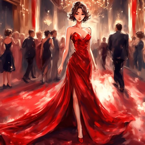 Elegant evening gown with a red carpet stride.