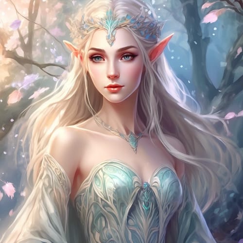 Elven princess in a fantasy gown, ethereal.