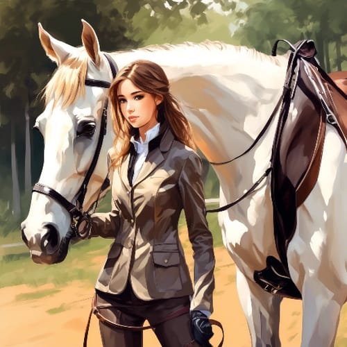 Equestrian in jodhpurs and a riding jacket, with a horse.
