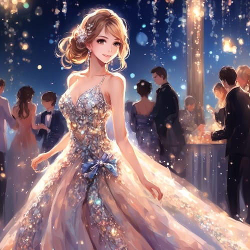 Evening gown at a gala, sparkling jewels.