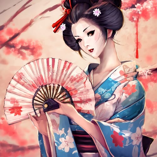 Geisha in a kimono, holding a fan.
