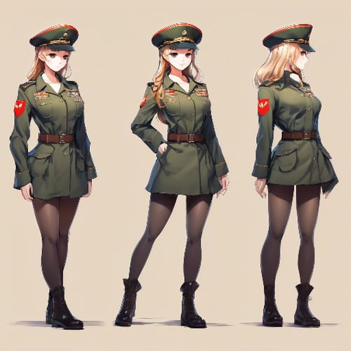 Military-inspired outfit with a beret, standing at attention.