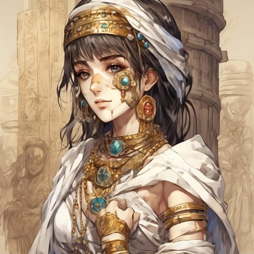 Mummy in bandages with ancient jewelry.