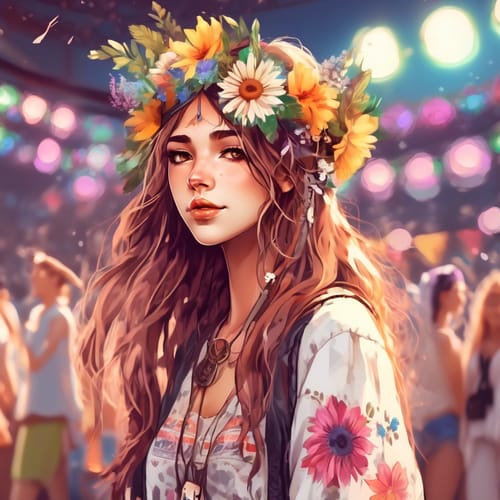 Music festival vibe in a boho-chic outfit, flower crown.