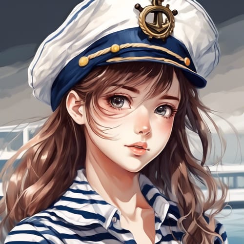 Nautical inspired with a striped shirt and captain's hat.