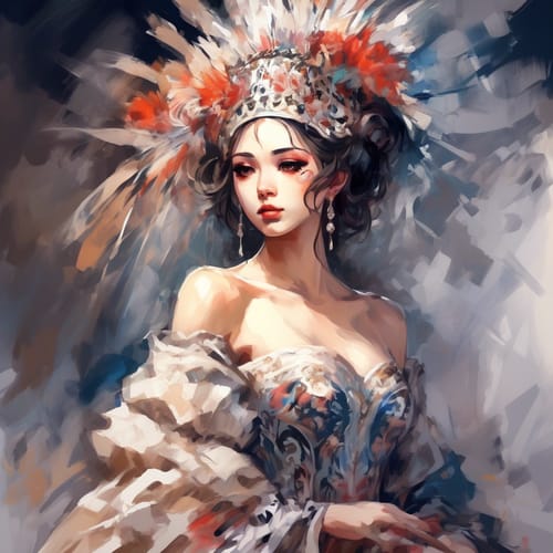 Opera singer in a dramatic gown and a headdress.