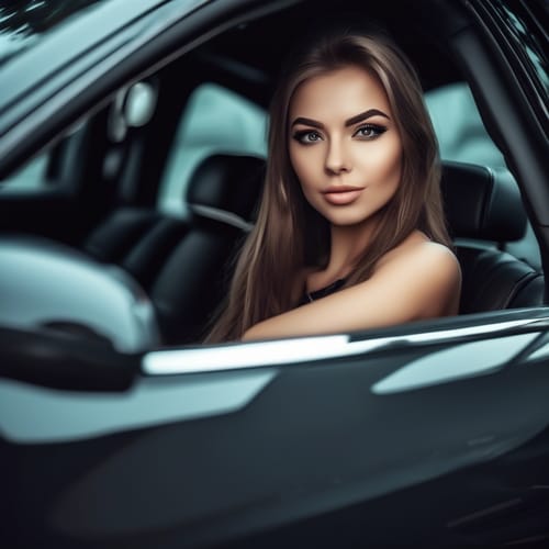Pretty adult girl, attractive, in a luxurious car