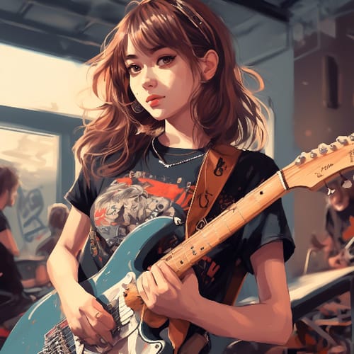 Rock 'n' roll in a band T-shirt, guitar slung over shoulder.