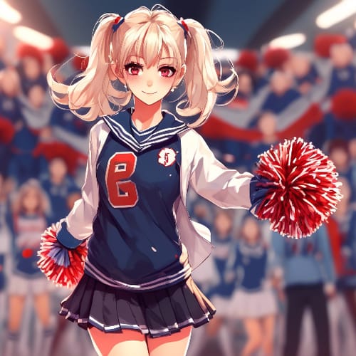 School spirit with a cheerleader outfit, pom-poms in hand.