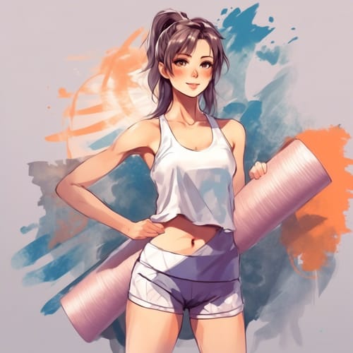 Sporty tank top and shorts, holding a yoga mat.