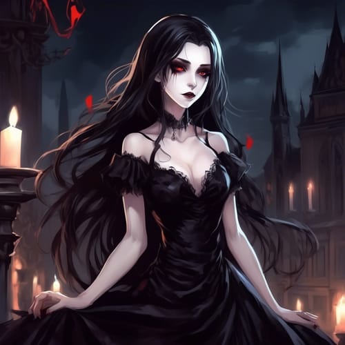 Vampire with a long black dress and pale makeup.