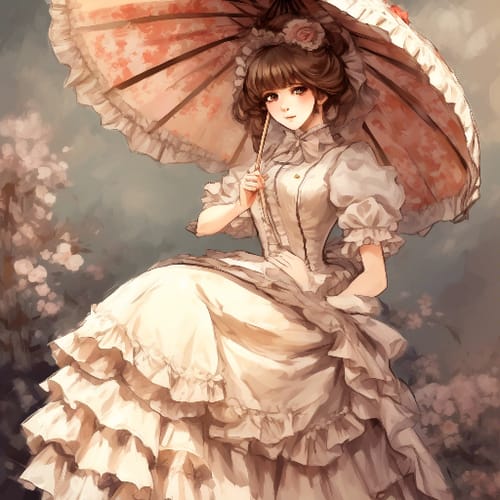 Victorian-era lady in a bustle dress, with a parasol.