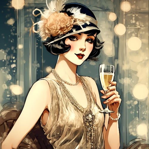 Vintage elegance in a flapper dress, sipping champagne.