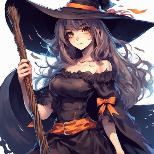 Witch with a pointy hat and a broom.