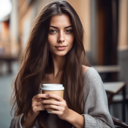 create a close up image of a brunette looking sideways with her long hair covering her face and holding a coffee in her other hand