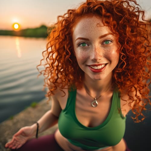 girl, red curly hair, green eyes, freckles, red lips, black colar, at a river, doing yoga, shorts, yoga dress, jewelery, shy smiling, during sunset  Modell SeaArt Infinity 688 x 1024px