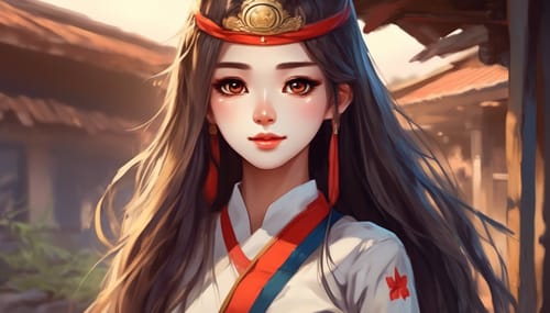 a long haired, slim face, white skin woman wearing a Cambodian style uniform.