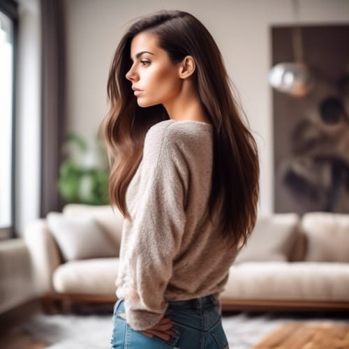 create an image of the back of a head of a beautiful brunette with her looking to the side with full body hair in a living room
