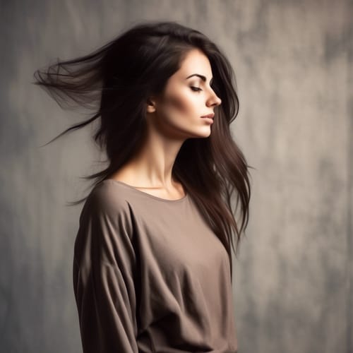 create an image of a beautiful brunette standing sideways so you can't see her face