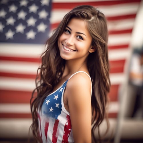 create a close up image of a beautiful brunette wearing a tank top with full hair standing sideways while looking over her left shoulder to smile. The focus is on her face with a out-of-focus background that contains an American flag