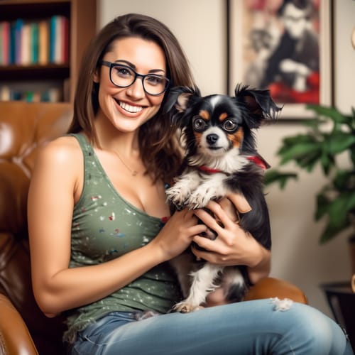 create a close up image of a beautiful busty brunette wearing a festive tank top and glasses while holding a small dog in her lap with full body hair that's messy while looking over her left shoulder to smile. Background is a living room with a bookshelf, chair, and art framed on the wall
