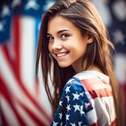 create a close up image of a beautiful young brunette standing sideways while looking over her right shoulder to smile. The focus is on her face with a out-of-focus background that contains an American flag