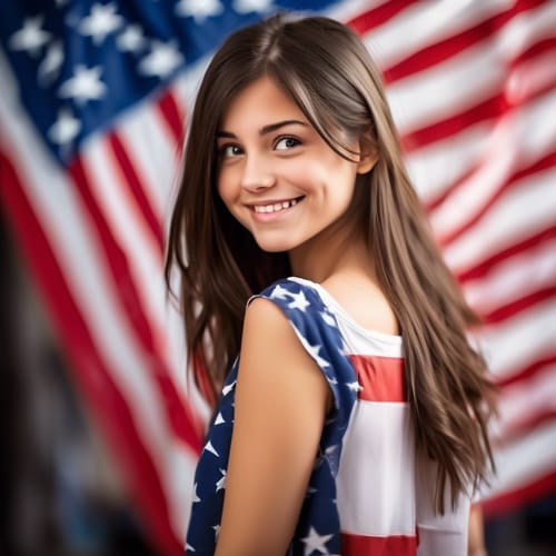 create a close up image of a beautiful young brunette standing sideways while looking over her right shoulder to smile. The focus is on her face with a out-of-focus background that contains an American flag