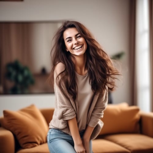 create an image of the back of a head of a beautiful brunette with full body hair and her looking to the side smiling in a living room