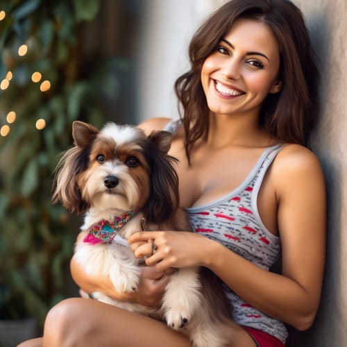 create a close up image of a beautiful busty brunette wearing a festive tank top while holding a small dog in her lap with full body hair while looking over her left shoulder to smile