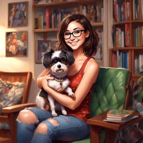 create a close up image of a beautiful busty brunette wearing a festive tank top and glasses while holding a small dog in her lap with full body hair that's messy while looking over her left shoulder to smile. Background is a living room with a bookshelf, chair, and art framed on the wall