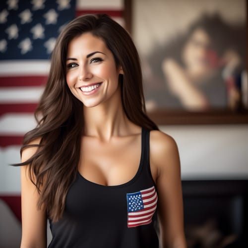create a close up image of a beautiful busty brunette wearing a black tank top with full hair standing sideways while looking over her left shoulder to smile. The focus is on her face with a out-of-focus background of a cozy living room with an American flag hanging as a picture on the wall