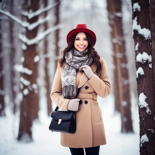 create a full body image of a beautiful busty brunette standing on the woods in a snowy background with a hat and coat on with a scarf smiling and a purse across her body