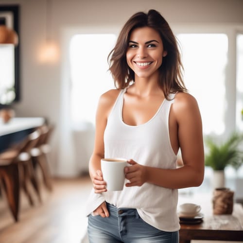 create a close up image of a beautiful busty brunette wearing a white tank top with full body hair standing sideways while looking over her left shoulder to smile drinking coffee in a cozy living room