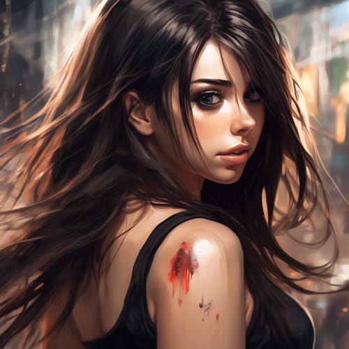 create a close up image of a beautiful busty brunette wearing a black tank top with long hair covering her face