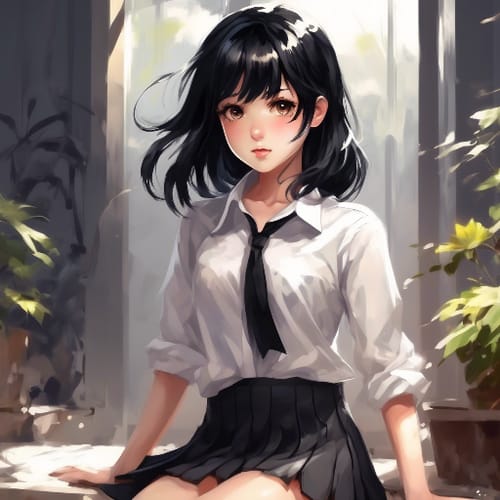 girl with black hair, wearing short skirt and white shirt