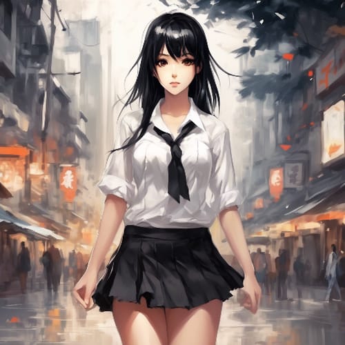 girl with black hair, wearing short skirt and white shirt