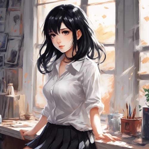 girl with black hair, wearing short skirt and white shirt